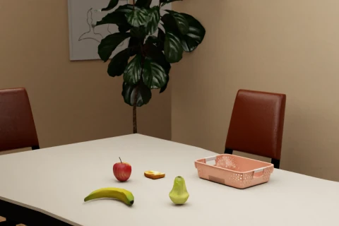 X2Real simulated tabletop scene with fruit and a basket